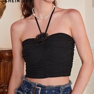 SHEIN Black Halter Ruched Crop Top